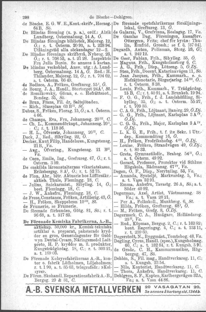 ~21!8 de BiJsche--Dehlgren. -de Besche, E. G. W. E.,Kont.-skrifv., Hornsg. De förenade spetsfabrikernas försäljnings- 64B, Sö. lokah Greftureg. 13, O. De Blindas förening (u. p. a.), ordf.
