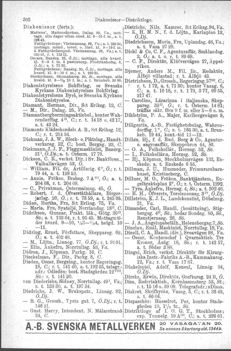 302 Diakonissor- Distriktloge. Diakonissor (forts.): Dietrichs, Nils, Kamrer, Srt Eriksg.94, Va. Matteus', Matteuskyrkan, Dalag. 80, Va., mot- - K. H. M. N., f. d. Löjtn., Karlaplan 12,' tagn.