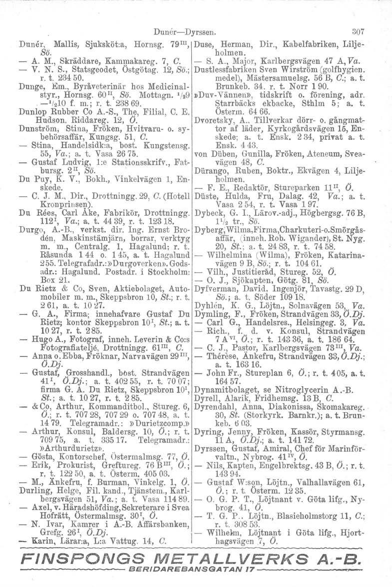Duncr-e- Dyrssen. Kabelfabriken, Duner".. Mallis, Sjuksköt.a, Hornsg. 79 IIl, Duse, Herman, Dir., ;::;0. holmen. - A. M., Skräddare, Karnmakareg. 7, C. - S. A., Major, Karlbergsvägen 47 A, Va. - V. N.