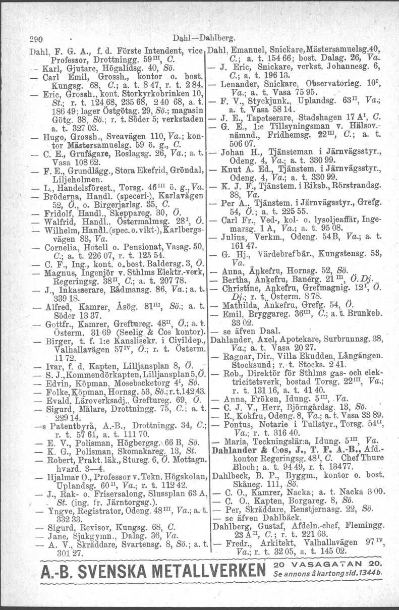 290 Dlj,lll- Dahlberg. Dahl, F. G. A., f. d. Förste Intendent, vice Dahl, Emanuel, Snichre,Mästersamuelsg.40, Professor, Drottningg. 59 1II, C. C.; a. t. 15466; bost. Dalag. 26, Va.