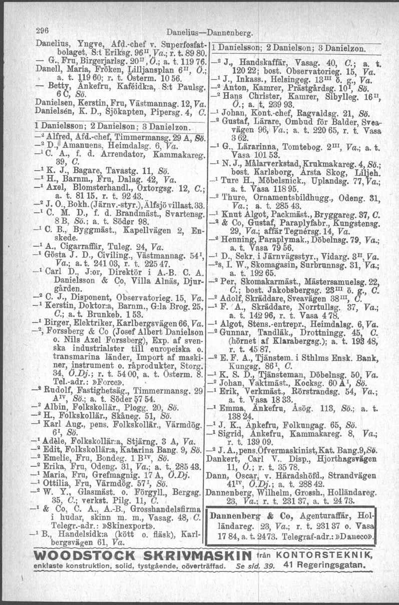 296 Danelius-Dannenberg. Danelius, Yngve, A:fd..che~Iv. Superfosfat. l Danielsson; 2 Danielson; 3 Danielzon. bolaget, S:t Eriksg. 96, Ya.; r. t. 8980. --------,'+1 --------'------'--- - G.