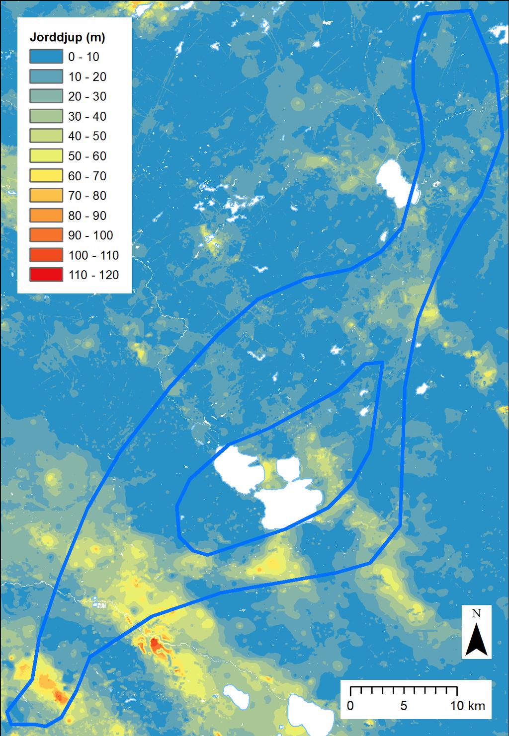 Figur 2. SGUs jorddjupsmodell över utredningsområdet uppdaterad i december 2018. Morän är en vanligen osorterad jordart, uppbyggd av alla kornstorlekar, från block till lerpartiklar.