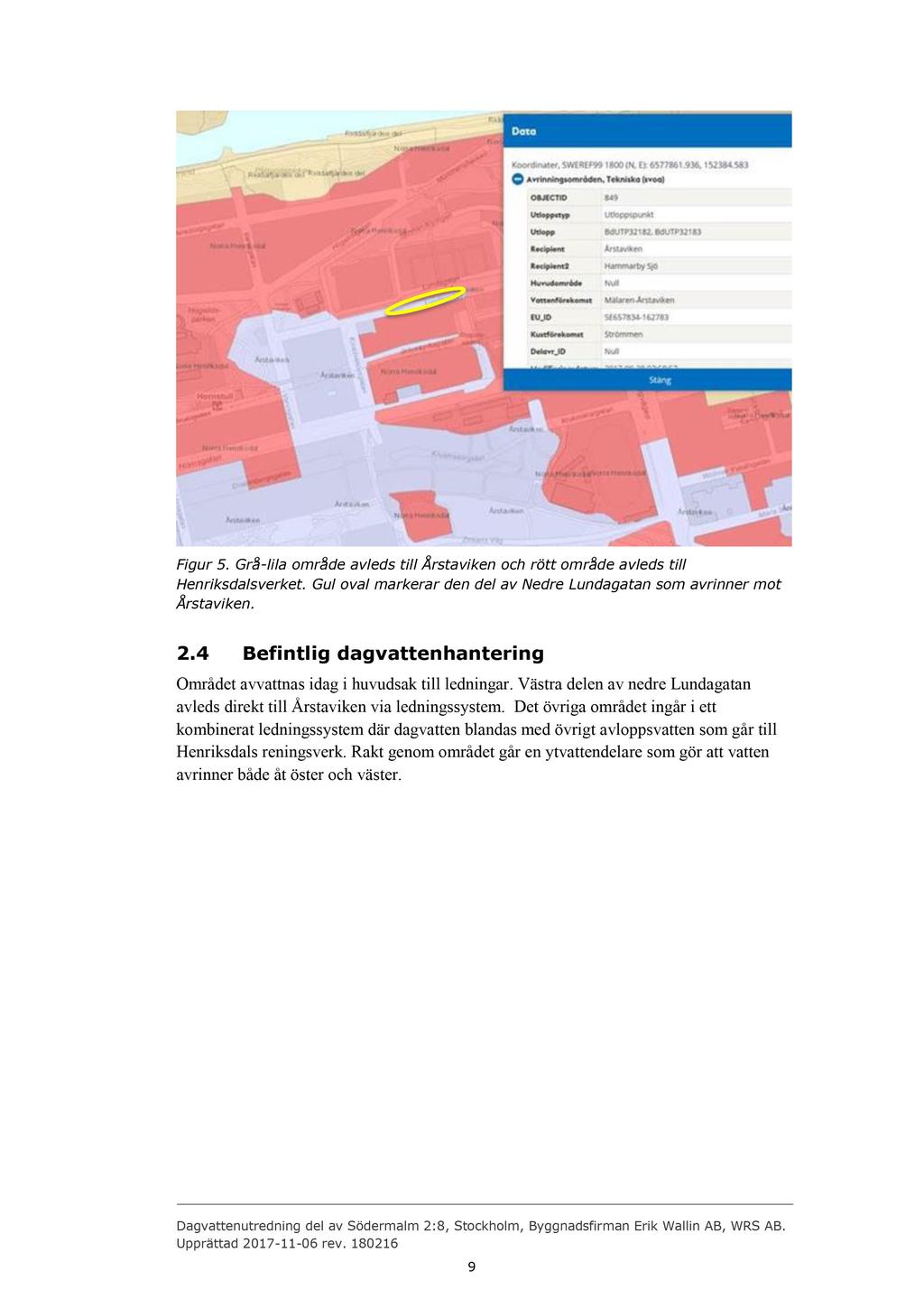 Figur 5. Grå - l i l a om råde avleds till Årstaviken och rött område avleds till Henriksdalsverket. Gul oval markerar den del av Nedre Lundagatan som avrinner mot Årstaviken. 2.