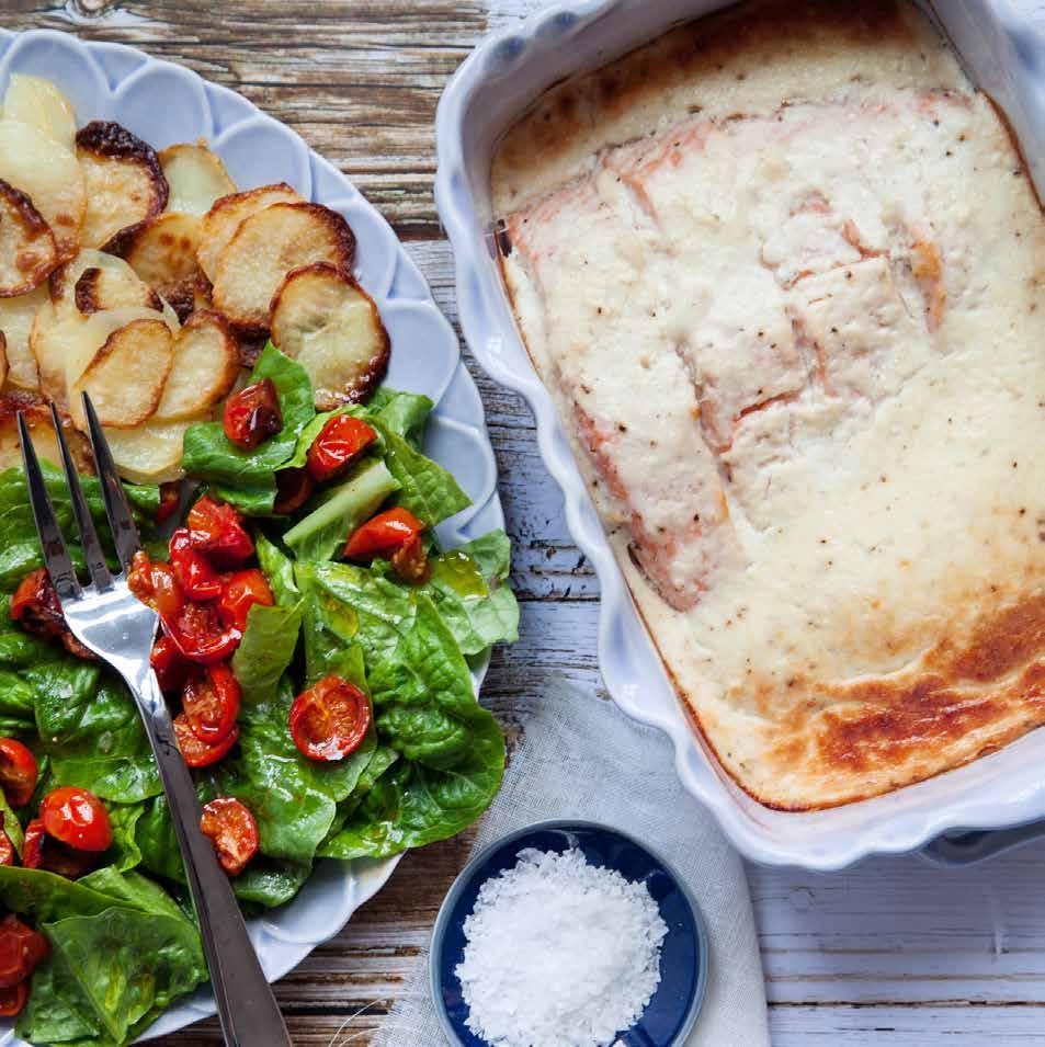 GETOSTGRATINERAD LAX med ugnsbakade tomater och potatis 4 port.