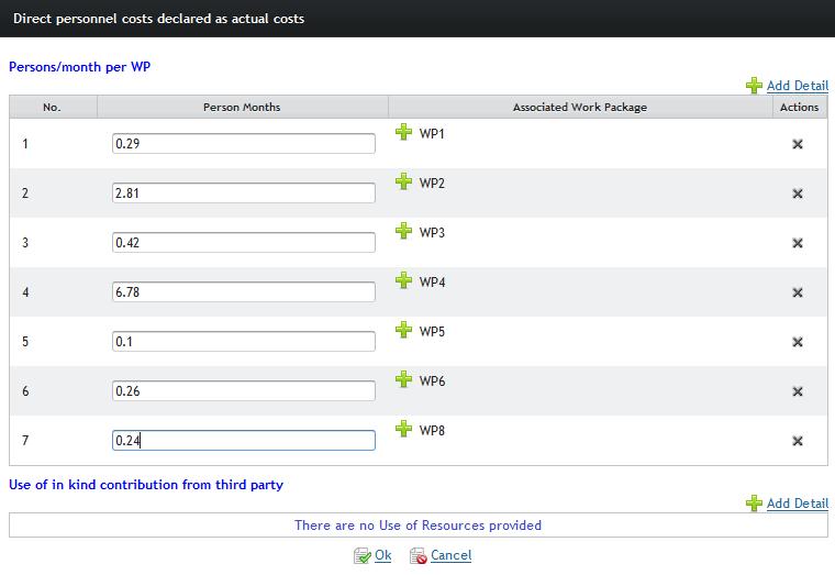 Personnel costs Use of Resources Klicka här för att lägga till rader Ange vilket WP samt totala