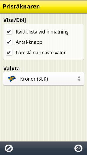 3. Inställningar För göra inställningar för Prisräknaren ska man gå till Inställningar. För att komma till Inställningar trycker man knappkombinationen, se Handboken. En inställningsmeny visas.