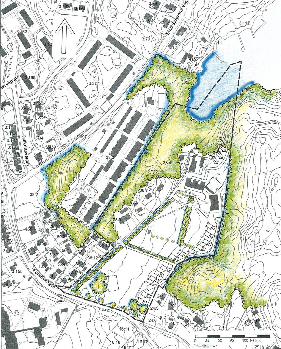 FÖRSLAG Marken längs stranden hålls öppen för allmänheten även fortsättningsvis Valloxen Fyra tvåvåningshus med infart via Margaretavägen Lek Skolyta gräsyta Allmänning Trädallé tydliggör entrén och