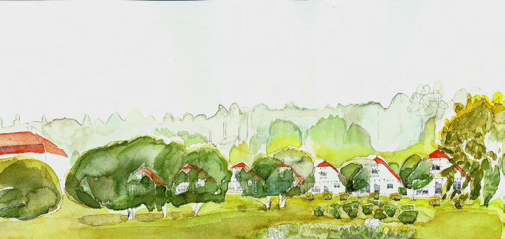 Bebyggelse Tolv relativt små villor placeras i parkrummet i en lätt svängd rad som följer rummets form. Fyra hus placeras norr om Margaretahemmet, i skogssluttningen ner mot Valloxen.