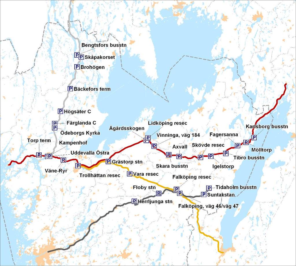 Pendelparkeringar Pendelparkeringarna som redovisas nedan är de som är kända av Västtrafik och Trafikverket. Fler pendelparkeringar kan finnas i stråket.