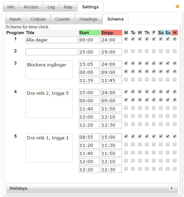 Årsur 5 st olika program kan definieras under Årsurs-fliken. Varje program har ett eller flera spår som du kan använda för att anpassa programmet till behovet.