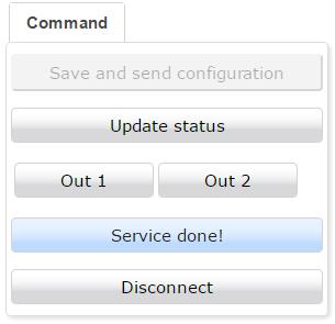 Kommando-fältet Samlar funktionsknappar. Spara och skicka konfiguration Uppdatera status Knapp 1 Knapp 2 Service utförd Anslut/Koppla ifrån Skicka de uppdaterade inställningar du gjort till enheten.