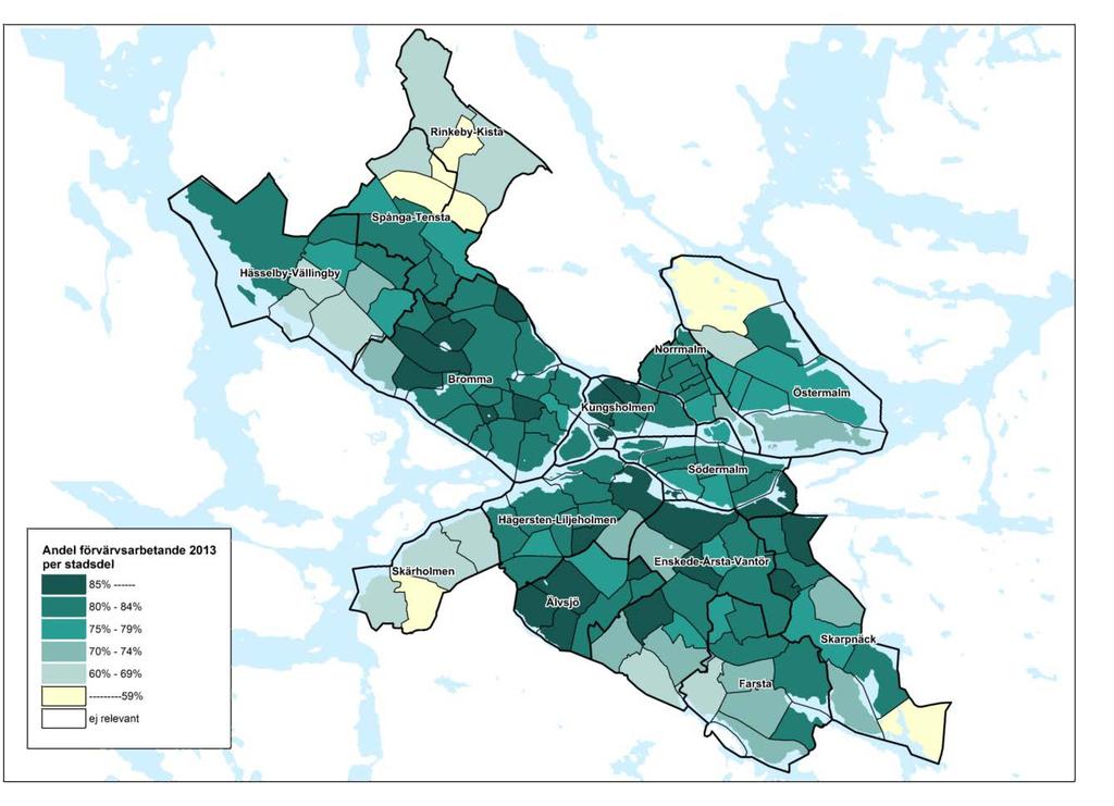 Figur 25 Karta över förvärvsfrekvensen i befolkningen 20-64 år efter stadsdelar, år 2013 (Källa: SCB, Sweco) Förvärvsarbetande över tid I hela Stockholms stad ökade förvärvsfrekvensen i åldrarna