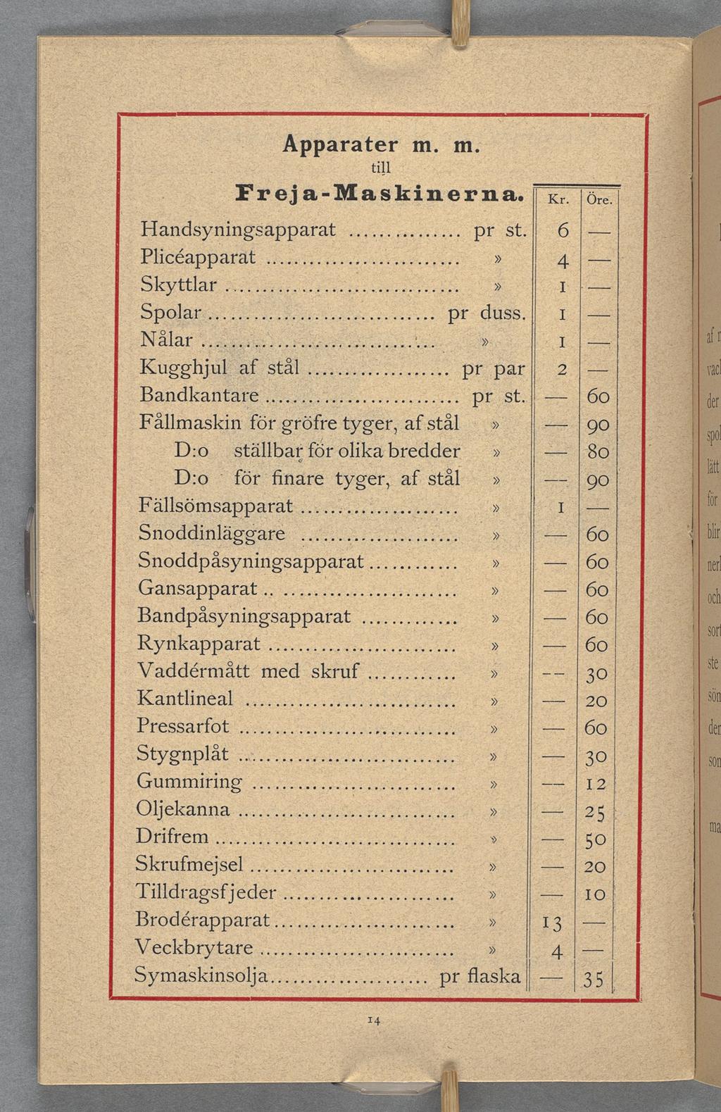 Apparater m. m. till Freja-Maskinerna. Handsyningsapparat..... pr st.