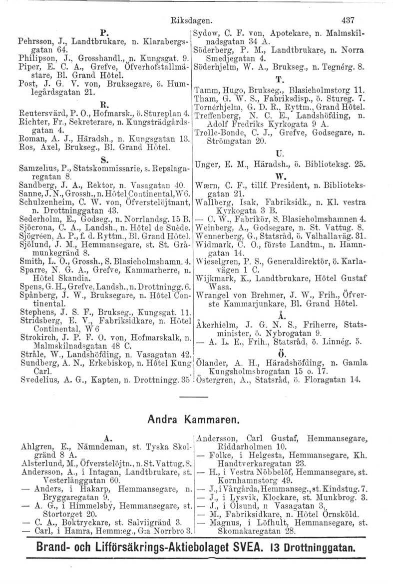 P. Pehrsson, J., Landtbrukare, n. gatan 64. Philipson, J., Grosshandl.,..n. Kungsgat. 9. Piper, E. C. A., Grefve, Ofverhofstallmästare, Bl. Grand Hötel. Post, J. G. V.