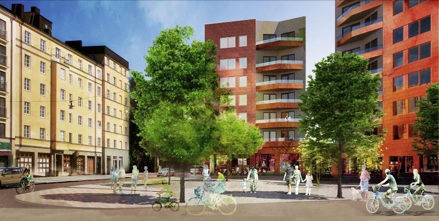 I nordvästra delen av planområdet möjliggörs ett nytt torg vid Bondegatan/ Barnängsgatan. På västra sidan av gatan finns äldre bostadsbebyggelse med lokaler i markplanet.