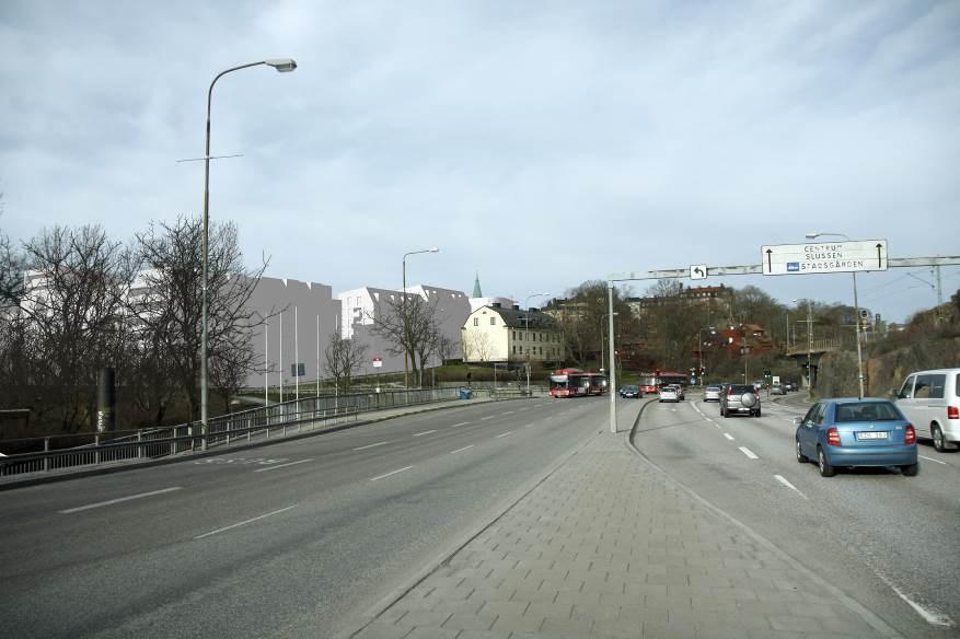 monterad i flygfoto av stadsmätningsavdelningen) Fotomontage med volymskiss, vy från