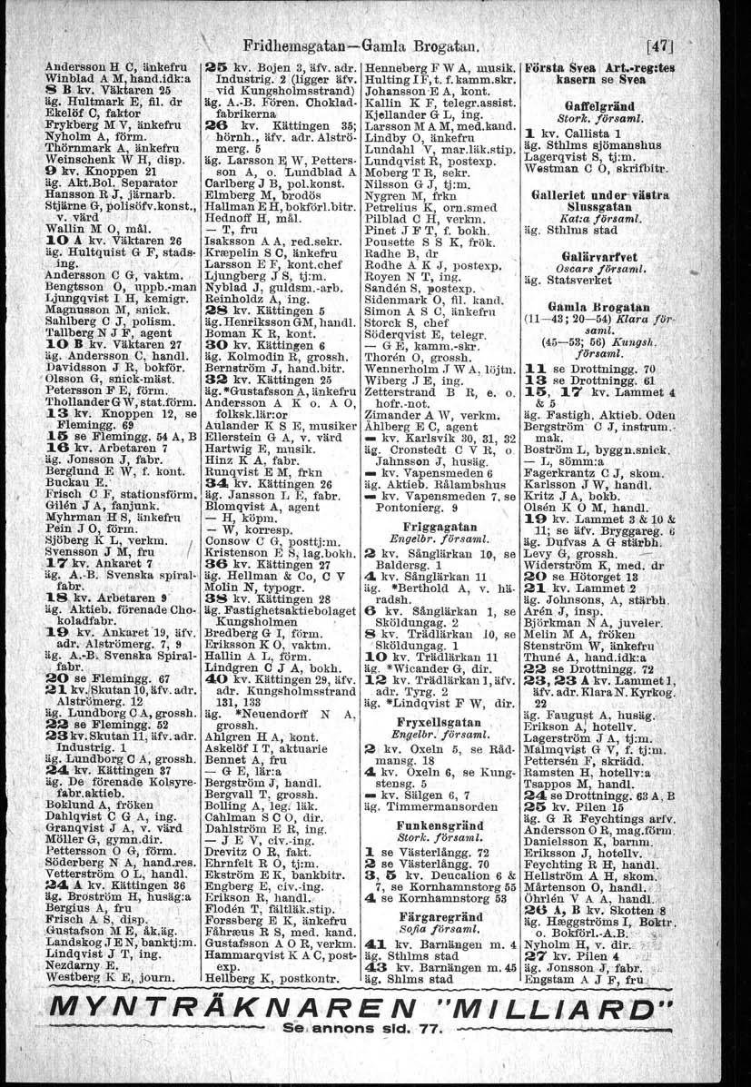 Fridhemsgatan-Gamla MY'NTRÄKNA.REN Brogatan.: And'ersson H C, änkefru 25 kv. Bojen 3,'äfv. adr. Henneberg F W A, musik. Winblad A M, hand.idkra Industrtg. 2 (ligger ärv, Hulting IF, t. f.kamm.skr.