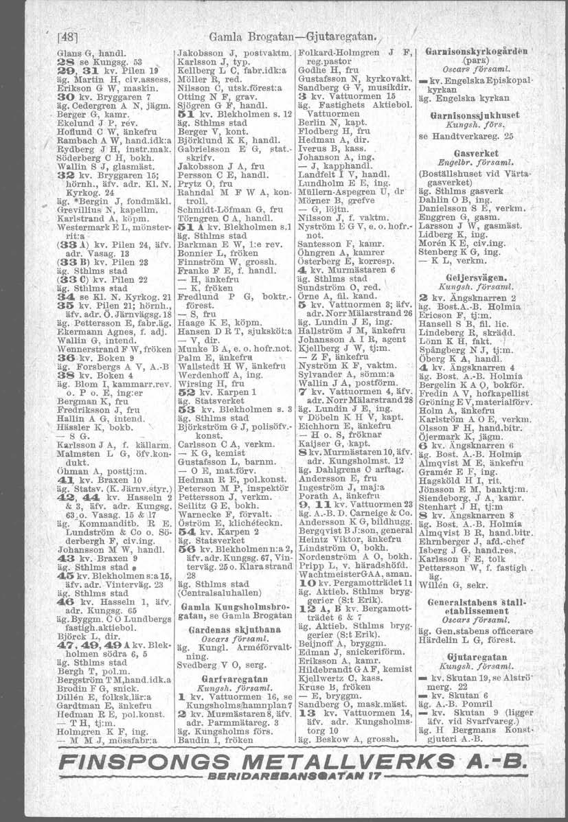 r481 Glans G, handl. 2S se Kungsg. 53, 29, 31 kv. Pilen 19 äg. Martin fl, civ.assess. Erikson G W, maskin. 30 kv, Bryggaren 7 äg. Cedergren A N, jägm.. Berget' G, karor. Ekelund J P, rev.