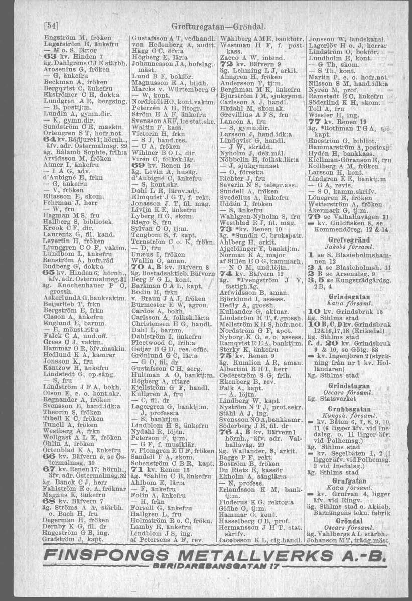 [54J Engström M, fröken Gustafeson A T, vedhandl, Wllhlberg AM E, bankbttr, Jonssou W, landskansl..' Lagerström E, änkefru von Hedsnberg A. audit. Westman H F, f. post. Lagerlöv H o. J. herrar - M o.