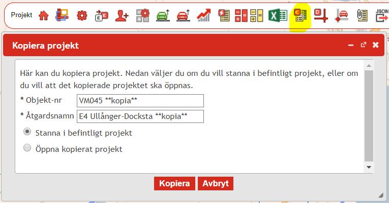 Kopieringsfunktion Möjligt att kopiera ett EVA-projekt när man är projektläsare Om man är läsare av ett projekt och kopierar det, blir den ursprungliga ägaren ägare även av kopian.