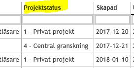 filtreringsfunktionen: Ange projektstatus i ord istället för