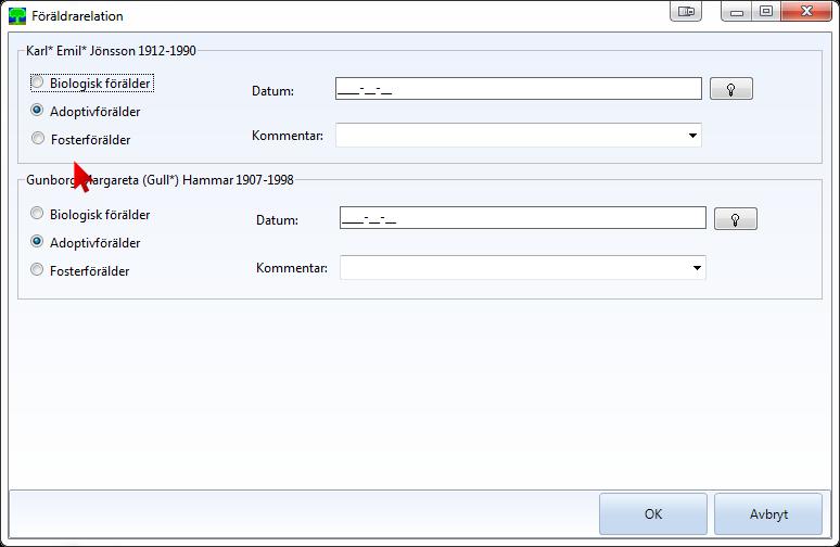 Ändra föräldrarelation I PÖ föräldrapanel anges relationen med (B) Biologiskt barn (A) Adoptivbarn (F) Fosterbarn Ändra relation genom att