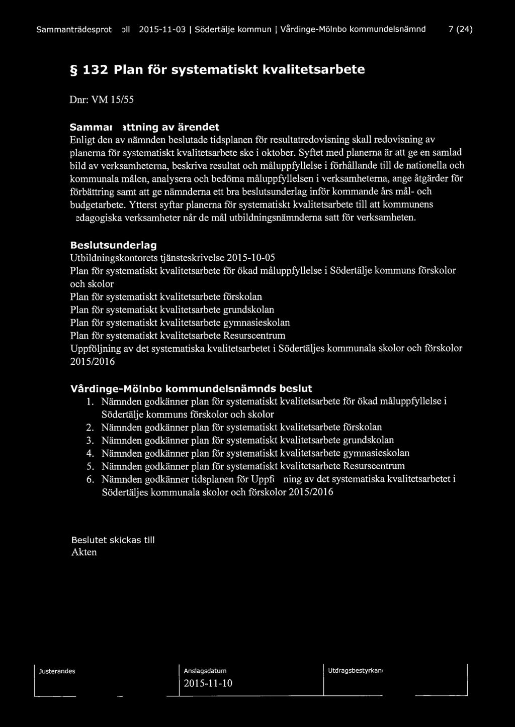 Sammanträdesprotokoll l 2015-11-03 l Södertälje kommun l Vårdinge-Mölnbo kommundelsnämnd 7 (24) 132 Plan för systematiskt kvalitetsarbete Dnr: VM 15/55 Enligt den av nämnden beslutade tidsplanen för