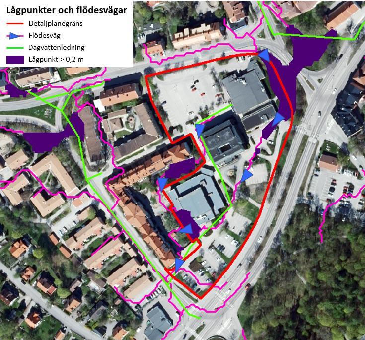 4 Förutsättningar 4.1 Flödesvägar, lågpunktsanalys och avrinningsområden Utifrån befintliga höjder har en analys av flödesvägar, avrinningsområden och lågpunkter utförts i programvaran Scalgo.
