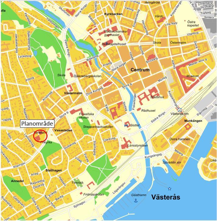 3 Områdesbeskrivning Det aktuella planområdet är 1,6 ha stort och ligger längs med Köpingsvägen i den centrala delen av Västerås. 3.