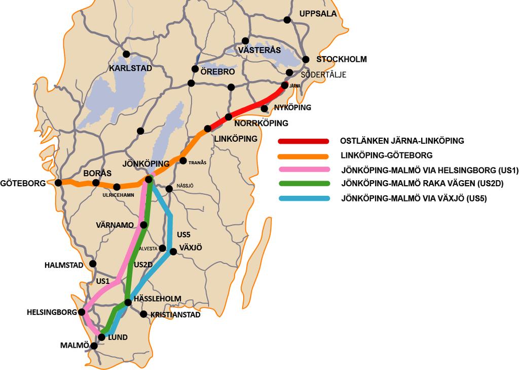 Höghastighetsbanor, (Linköping-Bollebygd, Mölnlycke- Almedal, Jönköping-Lund), US1, YTR001 1. Beskrivning av åtgärden Nuläge och brister: Södra stambanan och Västra stambanan är mycket hårt belastade.
