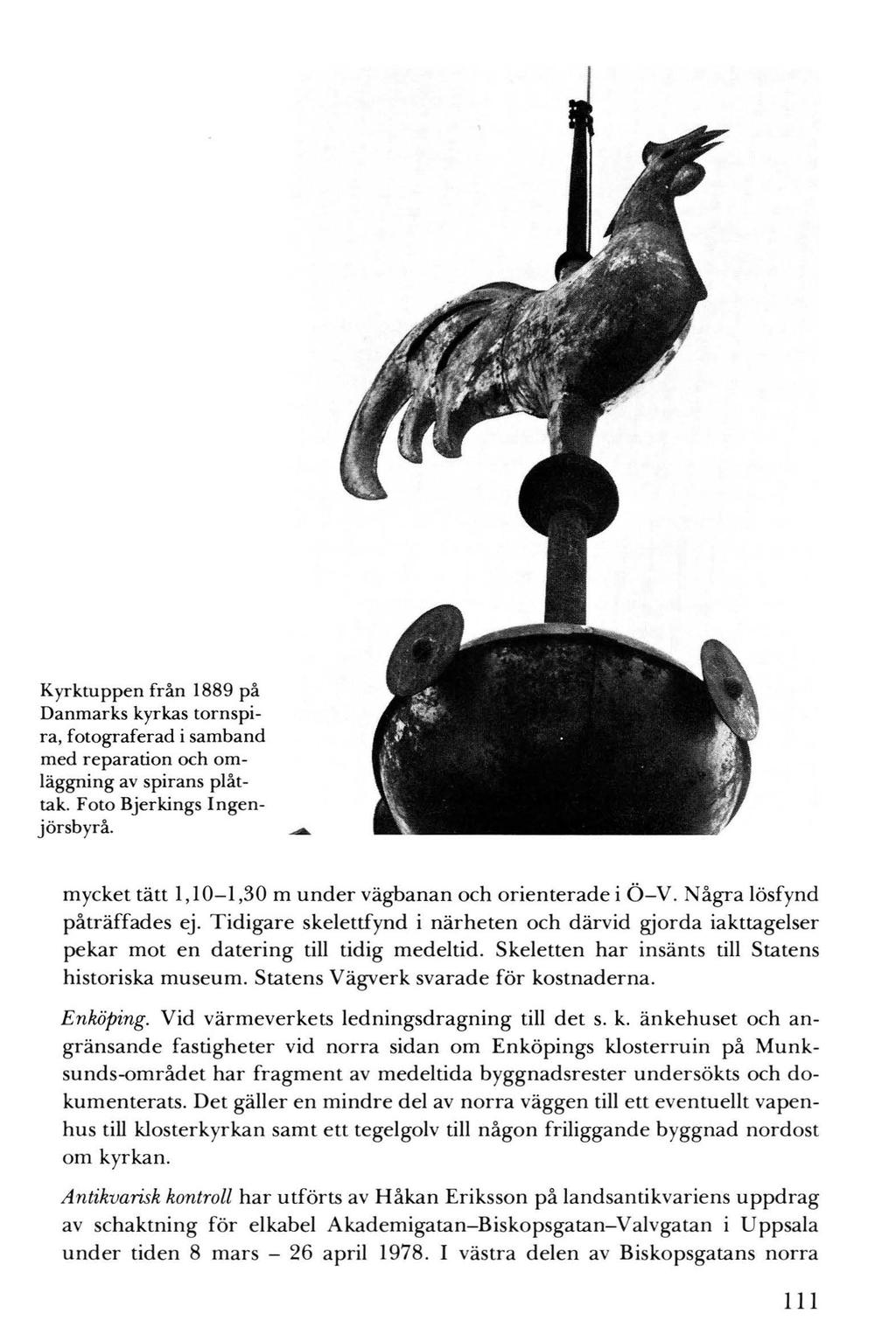 Kyrktuppen från 1889 på Danmarks kyrkas tornspira, fotograferad i samband med reparation och omläggning av spirans plåttak. Foto Bjerkings Ingenjörsbyrå.