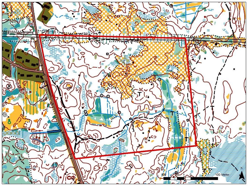 Figur 8. Orienteringskarta över området, orange polygon visar inventeringsområdets avgränsning.