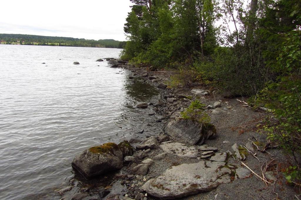 Fotot är ungefär vid punkt POI004, där det finns några större block vid stranden. Andra delar har enbart grus.
