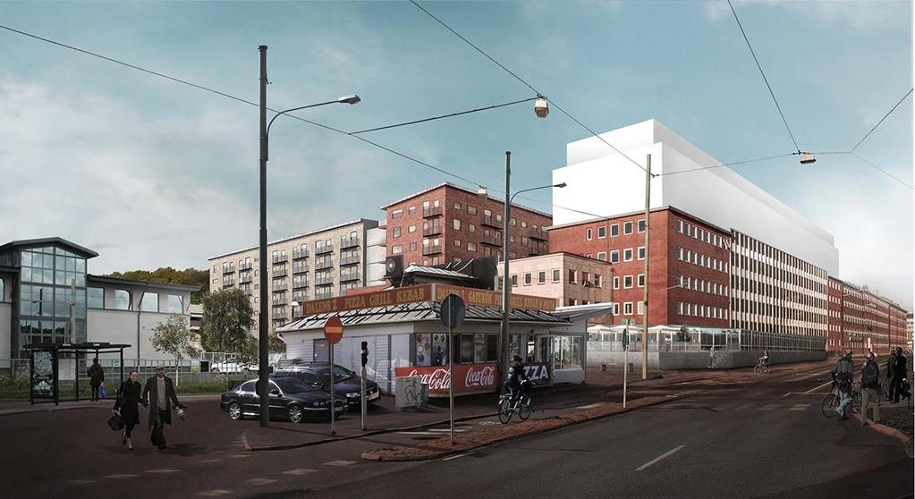 Användning och innehåll Byggnationen inom planområdet består av två delar; dels en påbyggnad och tillbyggnad av det befintliga kontorshuset längs Mölndalsvägen, dels en nybyggnation av ca 200