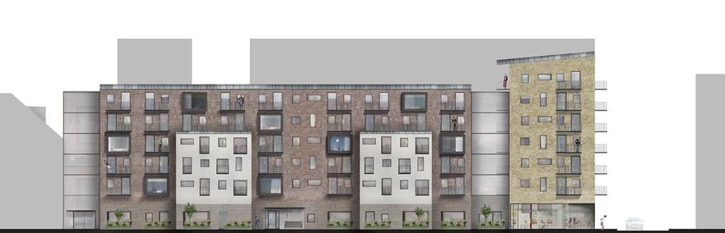 Illustration av Kjellgren Kaminsky Architecture Höjder och skala Byggnaden mot Mölndalsvägen anpassas till övrig antagen planering och pågående arbeten i stråket i Mölndalsåns dalgång.