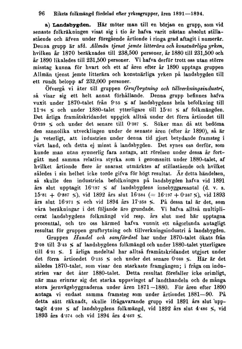 96 Rikets folkmängd fördelad efter yrkesgrupper, åren 1891 1894. a) Landsbygden.