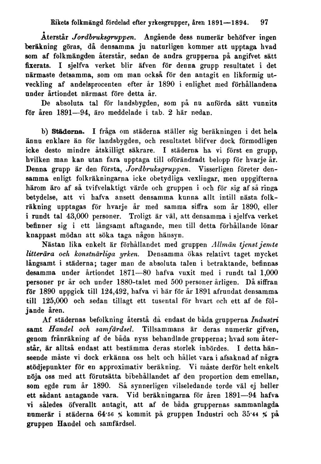 Rikets folkmängd fördelad efter yrkesgrupper, åren 1891 1894. 97 Återstår Jordbruksgrvppen.