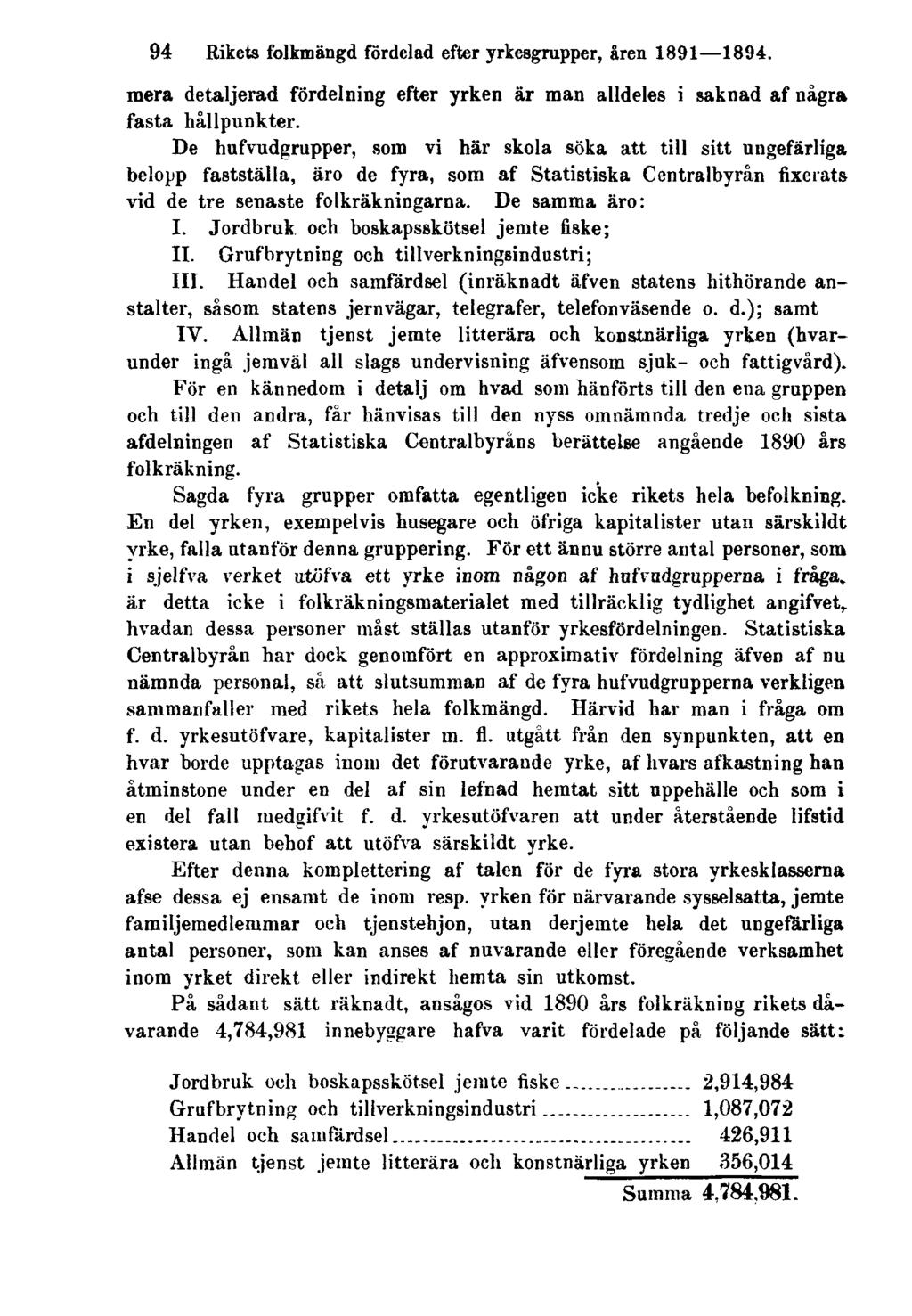 94 Rikets folkmängd fördelad efter yrkesgrupper, åren 1891 1894. mera detaljerad fördelning efter yrken är man alldeles i saknad af några fasta hållpunkter.