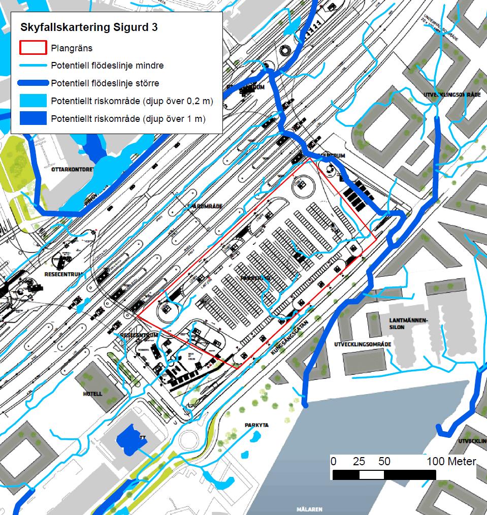 Figur 5. Potentiella flödesvägar inom och i anslutning till detaljplaneområdet enligt MSB:s skyfallskartering. (Illustration: Bjarke Ingels Group, 2016) 4.