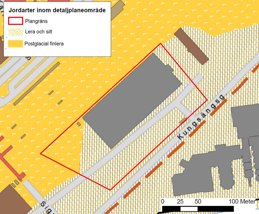 Figur 6. Jordarter inom detaljplaneområdet (Grundkarta: SGU, 2016). Tabell 2. Infiltrationskapacitet i olika jordarter (Svenskt Vatten, 2011).
