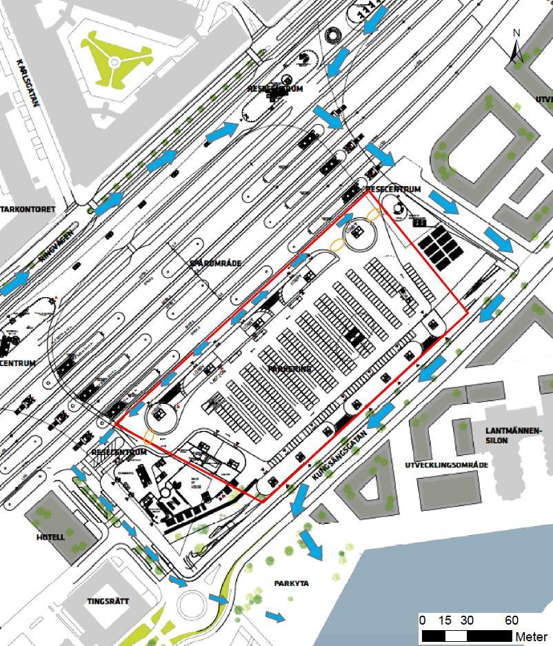 16(27) Figur 7. Förslag på sekundär avrinning på gator inom planområdet för att minska risken för översvämning. Infarter till parkeringsgarage har markerats med orange i figur.