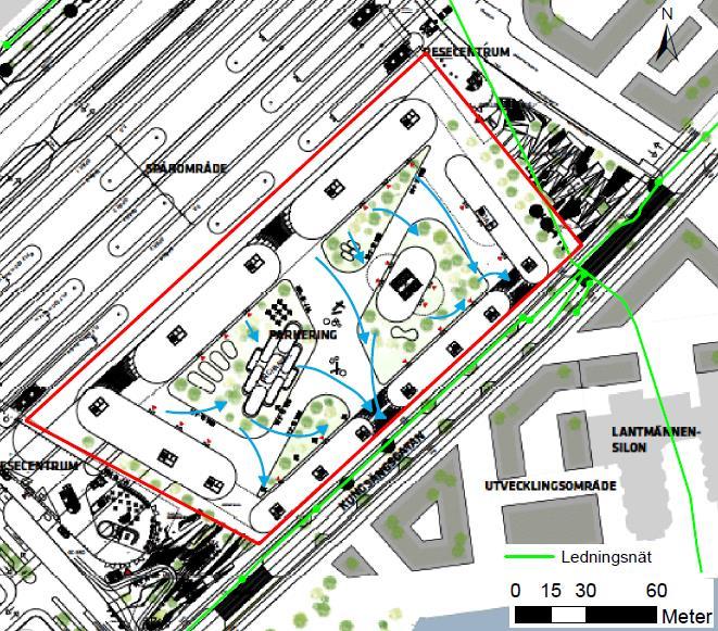 dagvatten från takytor rinna via växtbäddar och dagvattenrännor till grönytorna (se avsnitt 7.2.3). Figur 12.