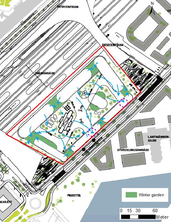 Figur 19. Förslag på avrinning inom planområdet på tak- och rampnivå.