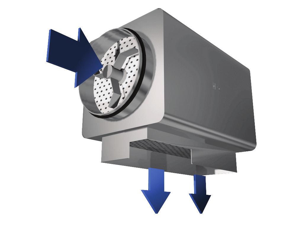 Funktion PRI-anslutningslådan jämnar ut luftflödet genom att lufthastigheten sänks. Luften sprids jämnt över gallrets yta för korrekt funktion. Kanalljud dämpas i lådan.