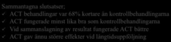 Tips om man vill veta mer Om forskningsläget för ACT Det finns forskningsstöd både för ACT i stort och just detta gruppformat av ACT för arbetslivet.