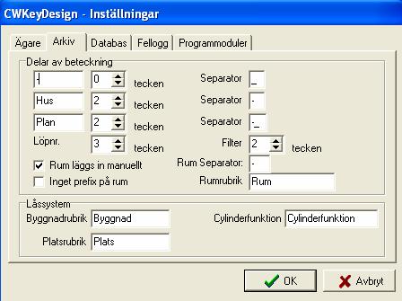 2.3 Arkiv I denna flik ställer man in regler för beteckning av anläggningar, fastigheter, våningsplan mm. CW KeyDesign och CW DoorDesign: Första val är normalt anläggning, distrikt eller liknande.