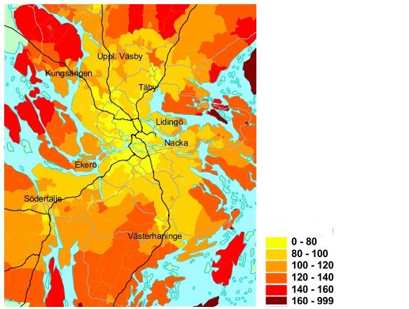 Figur 1. Samlad tillgänglighet för olika delar av Stockholms län (modellberäknat för år 2015), referensområde Centralstationen [kr/resa under maxtimme] (Transek, 2004) I avsnitt 2.3.