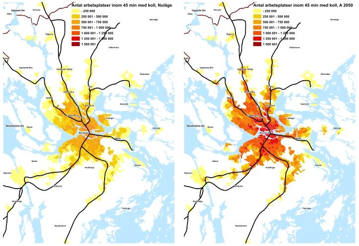 Figur 6. Antal arbetsplatser med kollektivtrafik inom 45 minuter, nuläge och strukturbild A år 2050. Maxtimme.