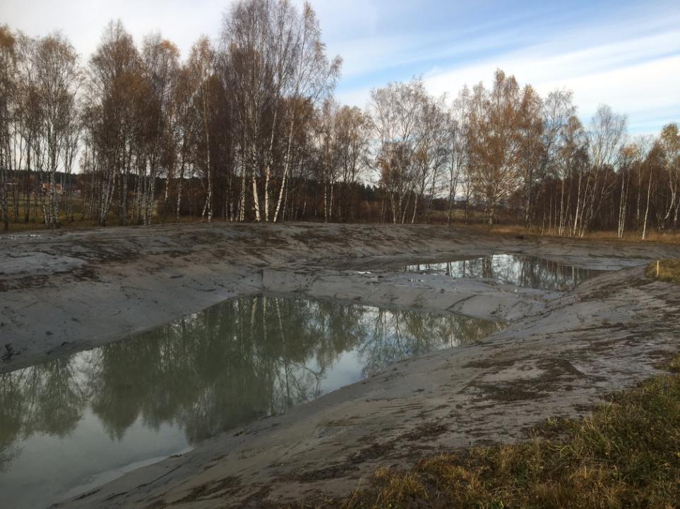 Dammen vid Husbyön, precis när den är färdiggrävd. Foto Sören Eriksson, HS Konsult. Ritning på dammen vid Husbyön, arealen är drygt 0,1 ha. Mörka partier är djupdelar, ljusa partier är grundare delar.