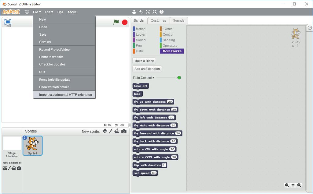 Förbered programmet för Tello Nästa steg är att förbereda Scratch för programmering av drönaren. Kommande steg behöver göras varje gång Scratch öppnas på nytt. Öppna Scratch.